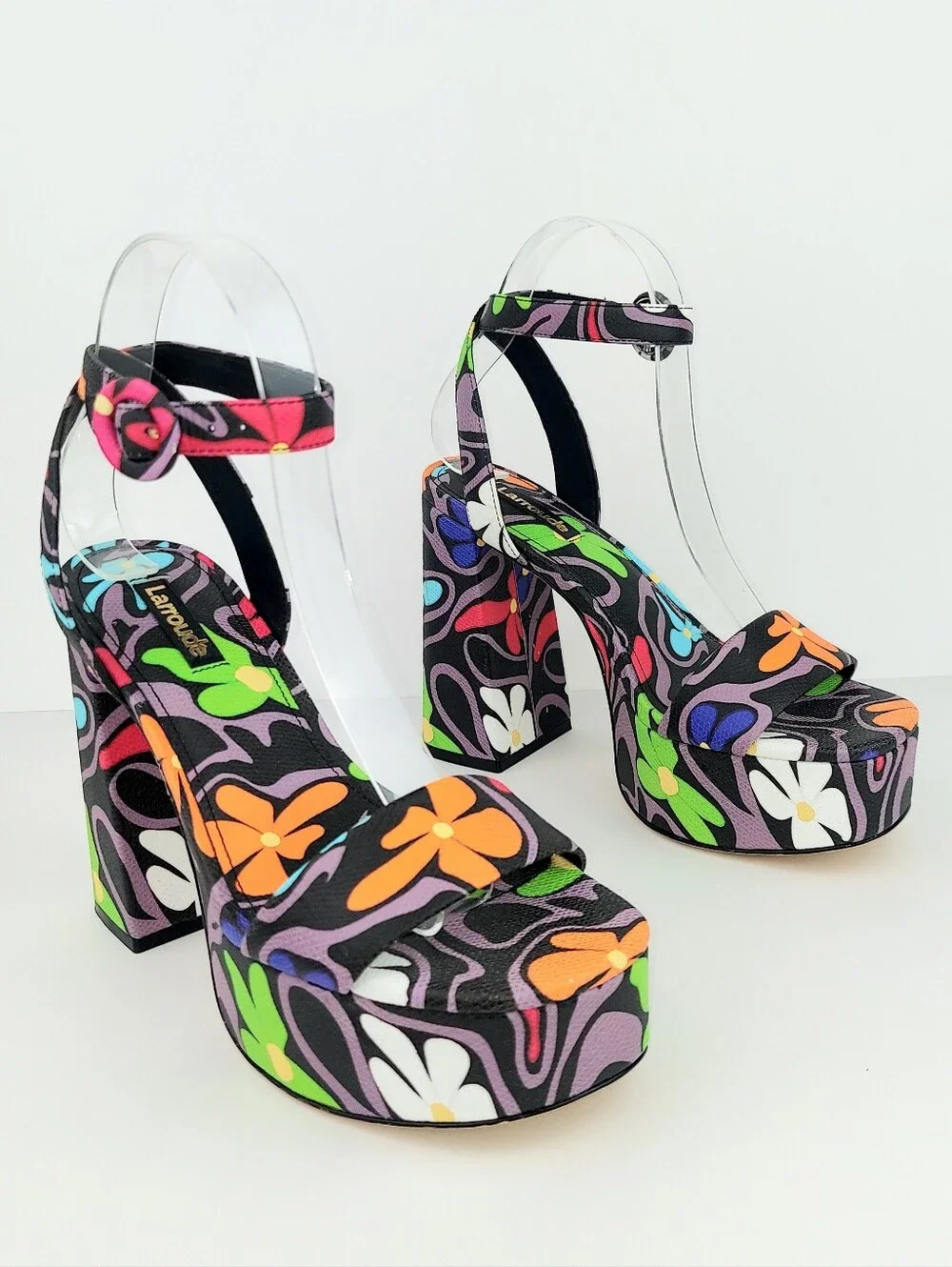 Larroude Dolly Flower Power Black Ankle Strap Sandal 7